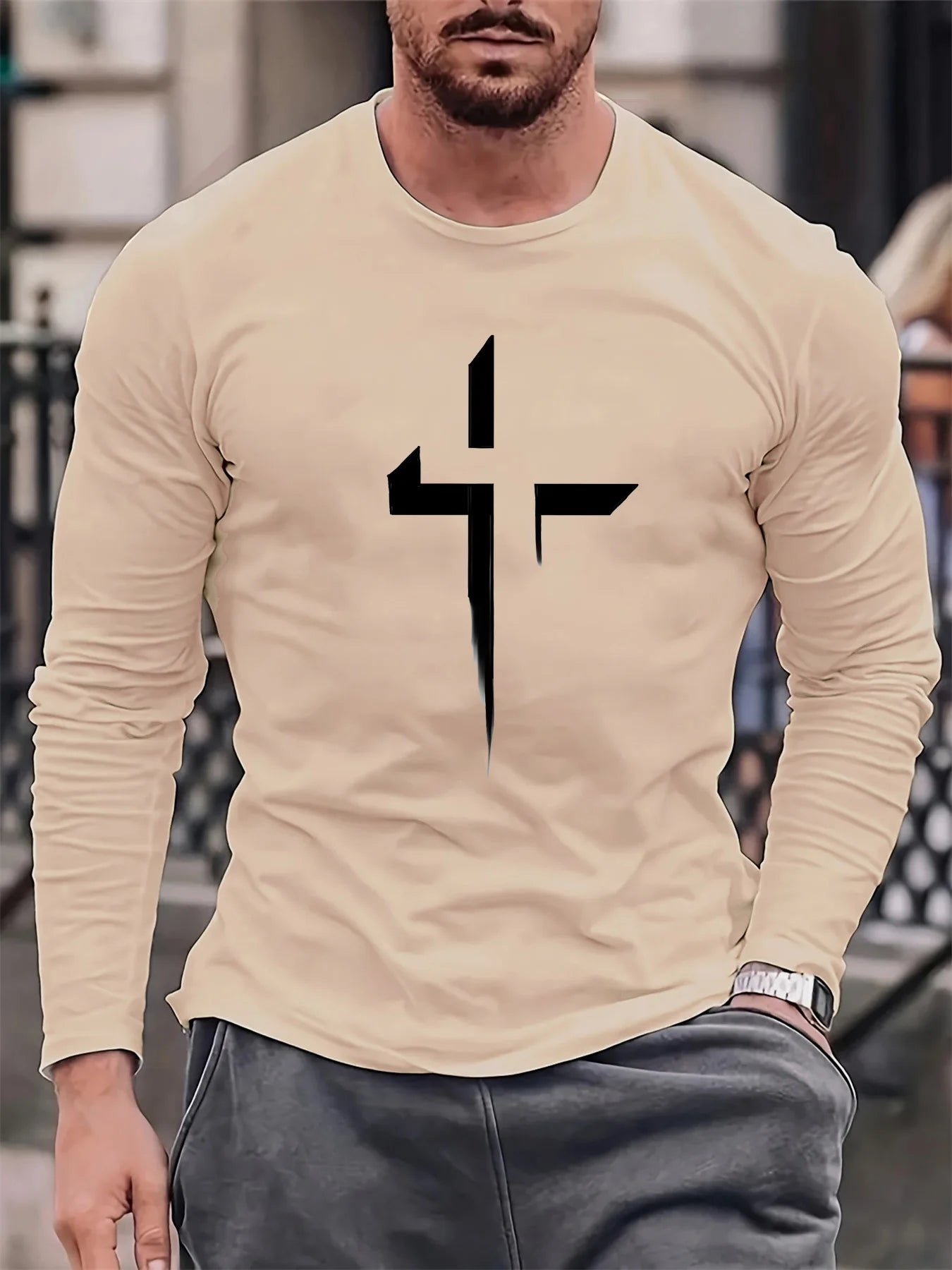 100% pure cotton men's long sleeved round neck loose casual cross pattern printed spring and autumn versatile T-shirt top