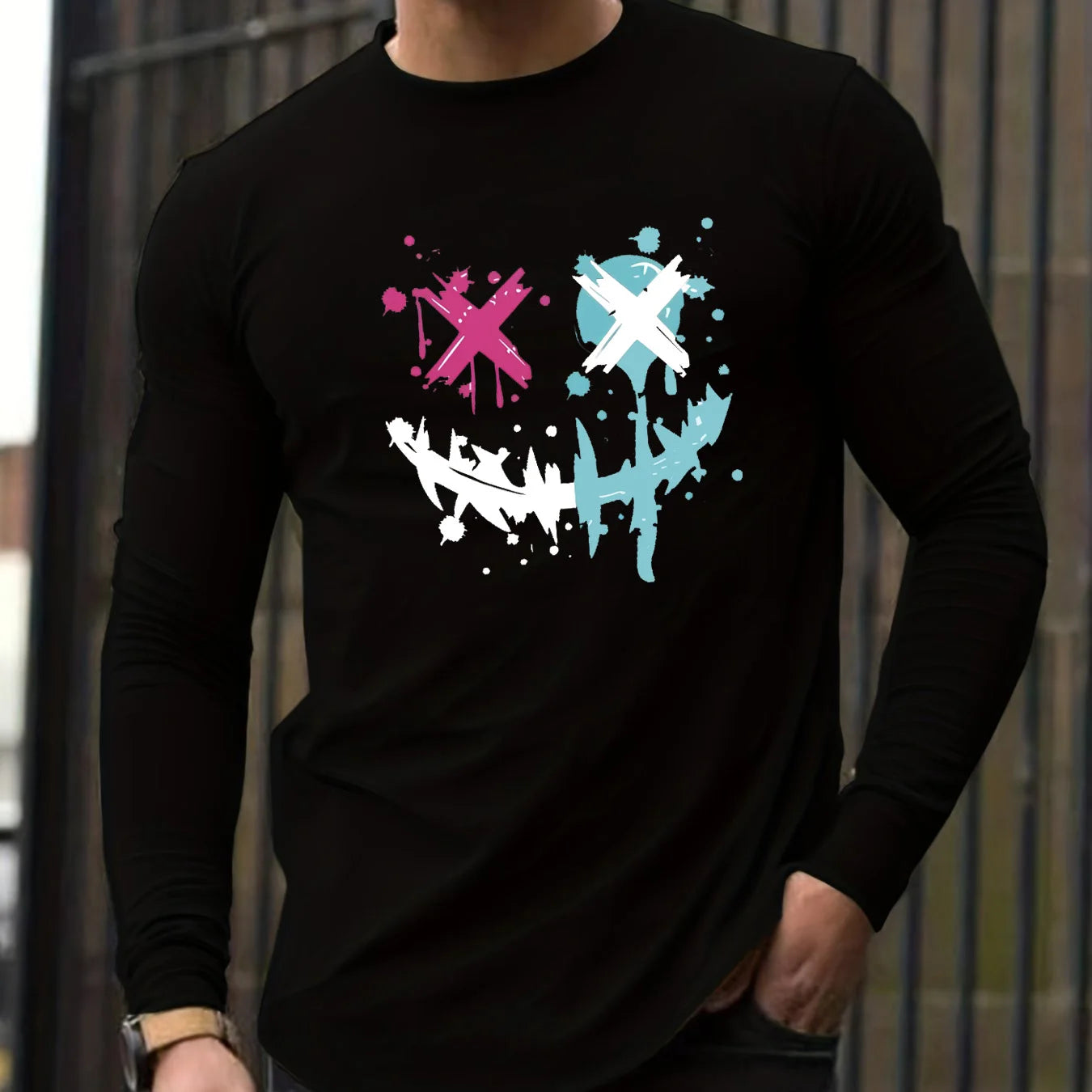 100% pure cotton men's long sleeved round neck loose smiling face pattern printed spring and autumn casual versatile T-shirt top