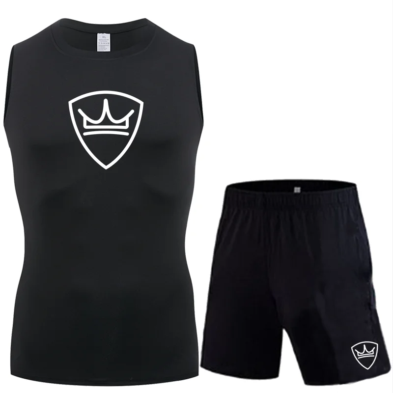 2026 Fashionable Men's Pattern Sleeveless Tight Fitting Sports Suit,Quick Drying Elastic Vest, Gym Running Vest Set, Printed Top