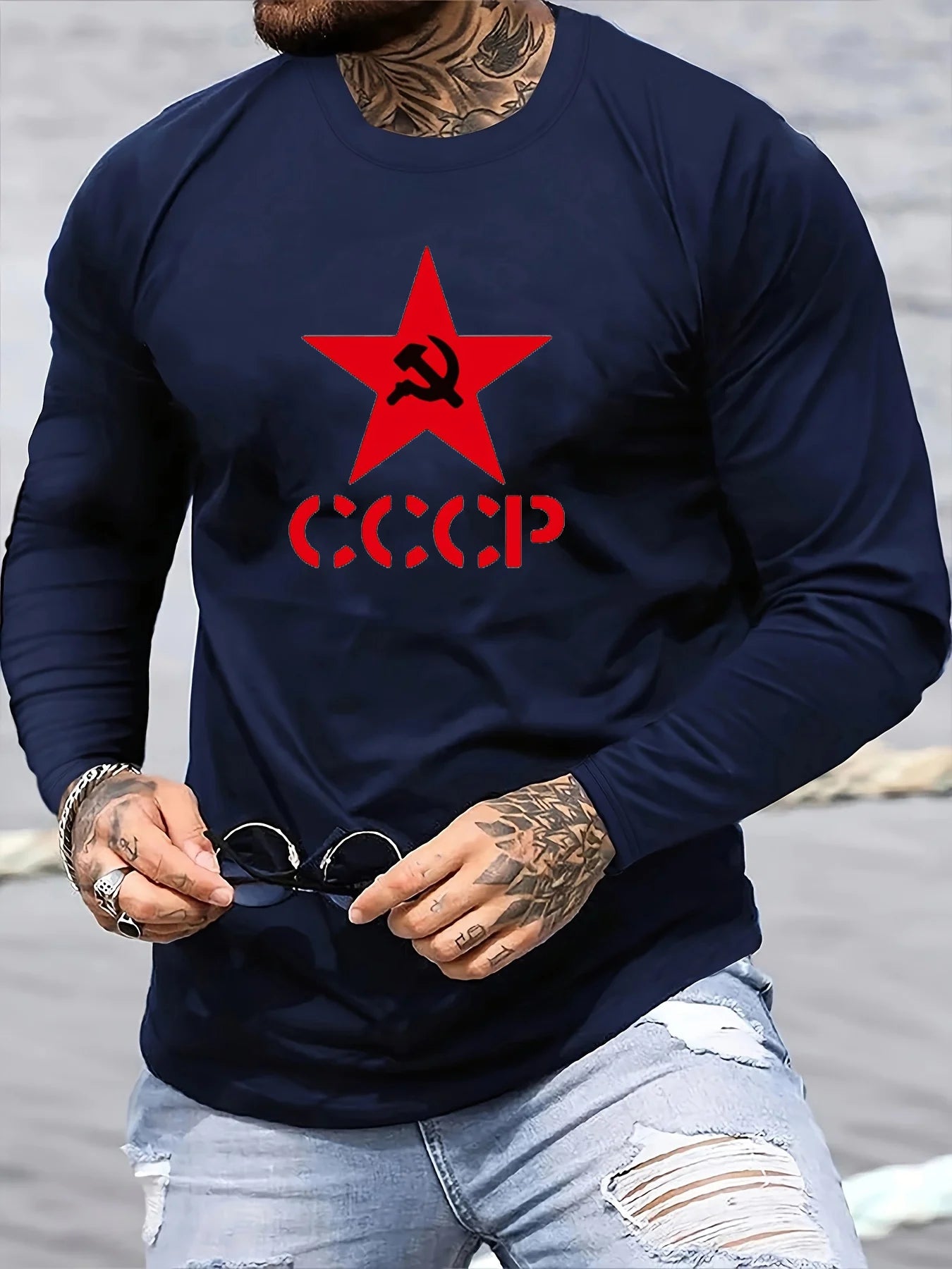 100% cotton men's long sleeved round neck loose fashion letter pattern printed print autumn and winter casual versatile T-shirt