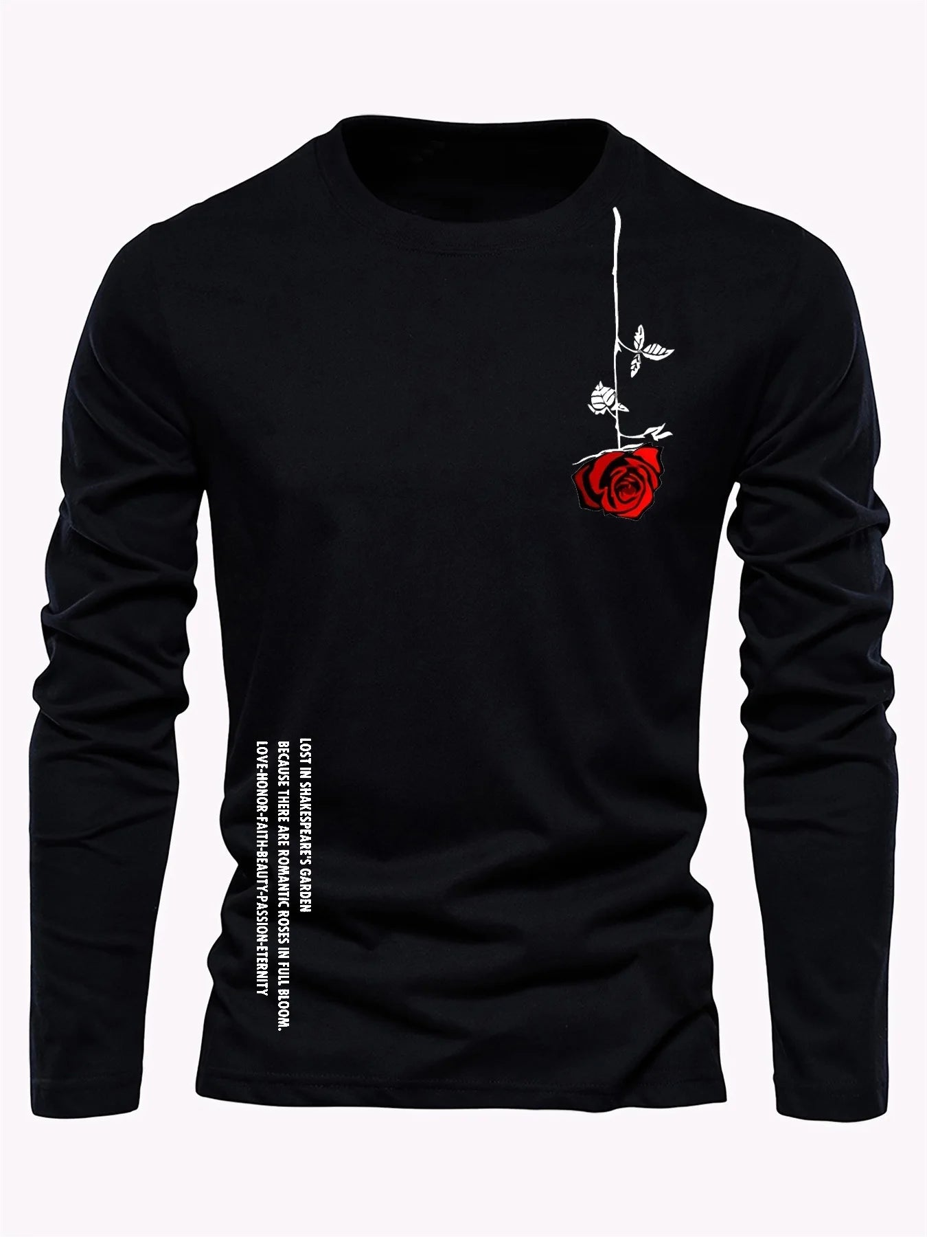 100% pure cotton men's long sleeved round neck loose casual rose letter printed spring and autumn versatile T-shirt top