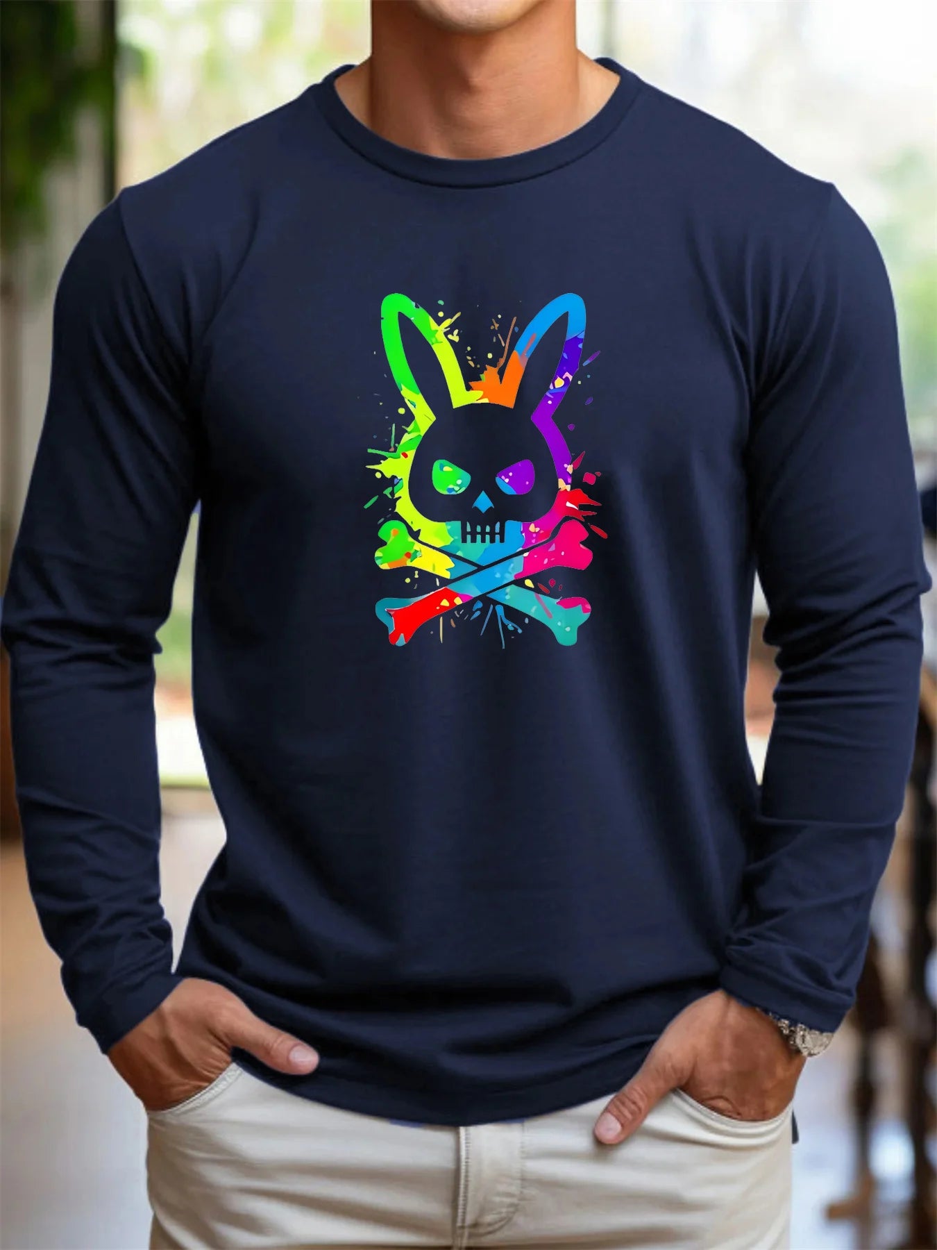 100% pure cotton men's long sleeved round neck loose rabbit skull pattern printed spring and autumn casual versatile T-shirt top