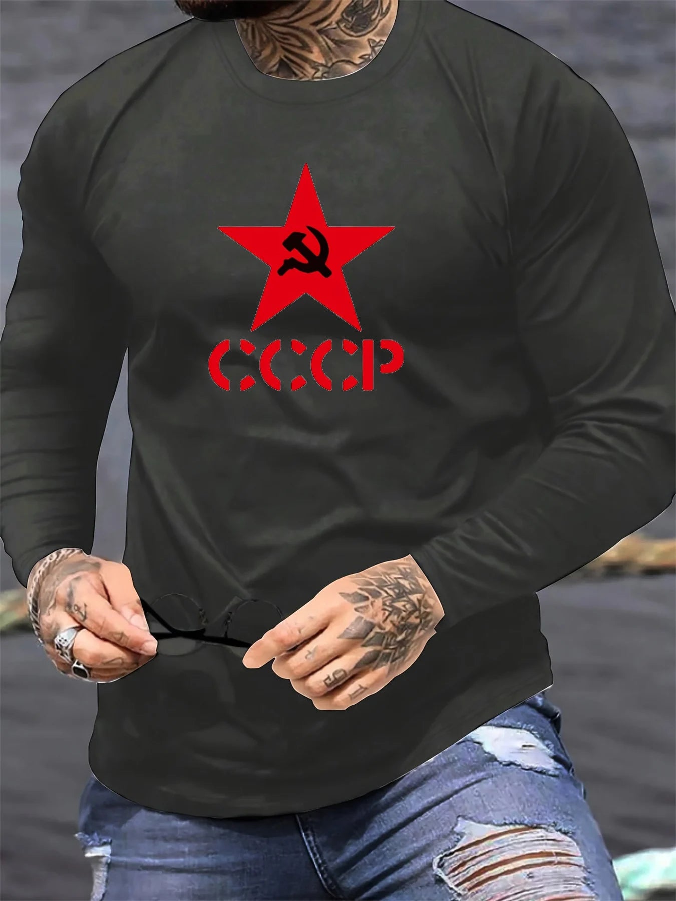 100% cotton men's long sleeved round neck loose fashion letter pattern printed print autumn and winter casual versatile T-shirt