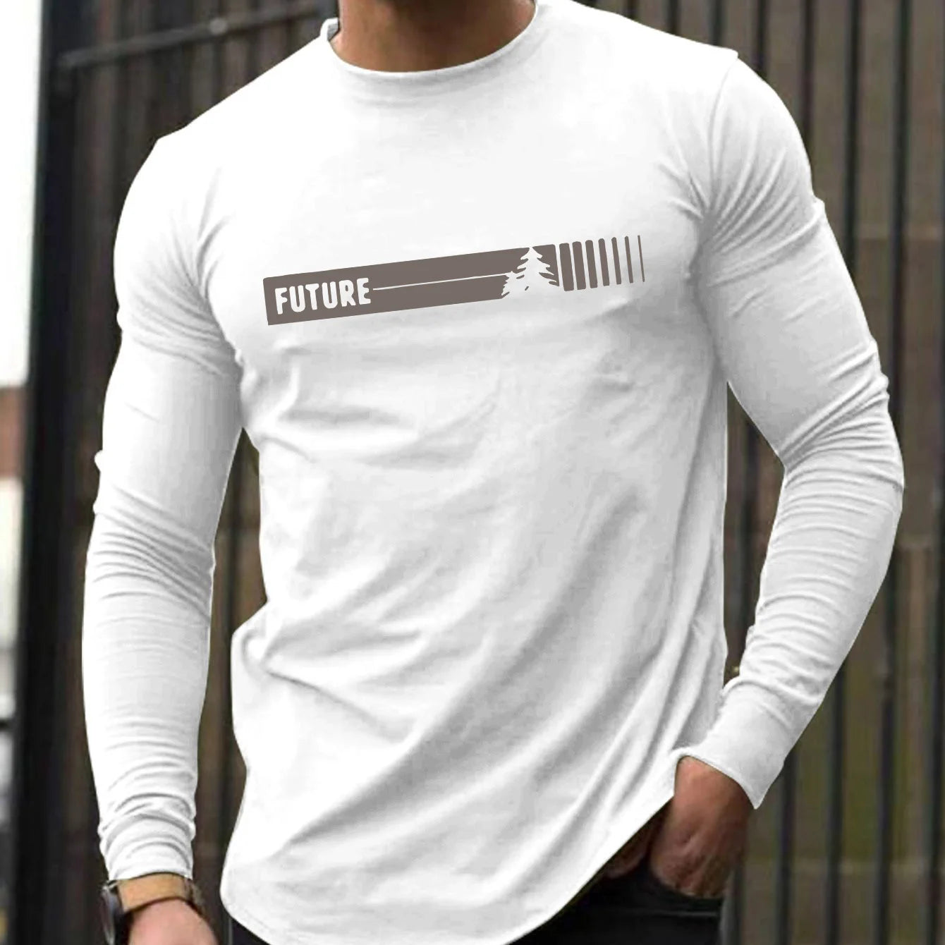 100% pure cotton men's long sleeved round neck loose future letter pattern printed spring and autumn versatile T-shirt top