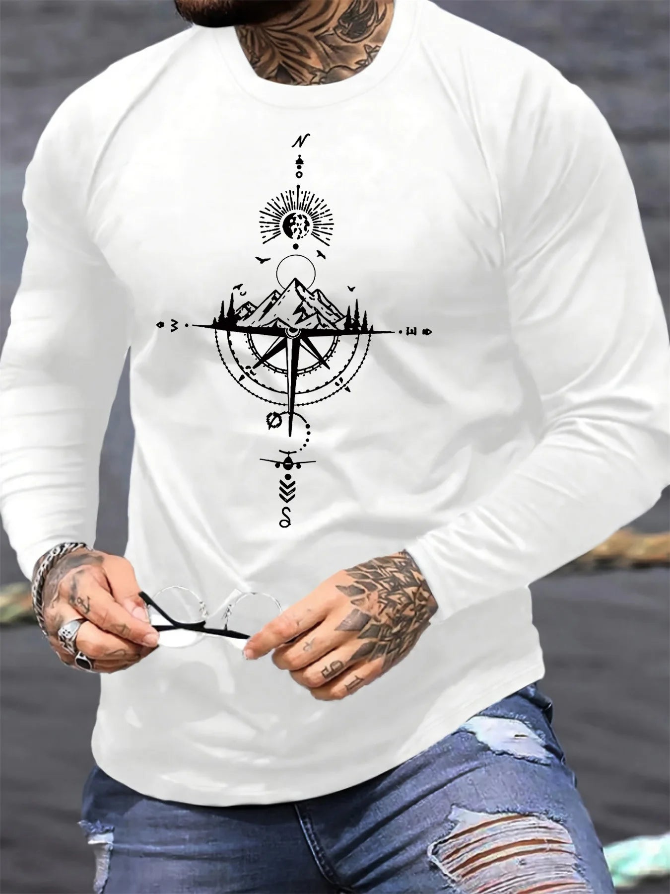 100% pure cotton men's long sleeved round neck loose casual mountain and compass printed spring and autumn versatile T-shirt