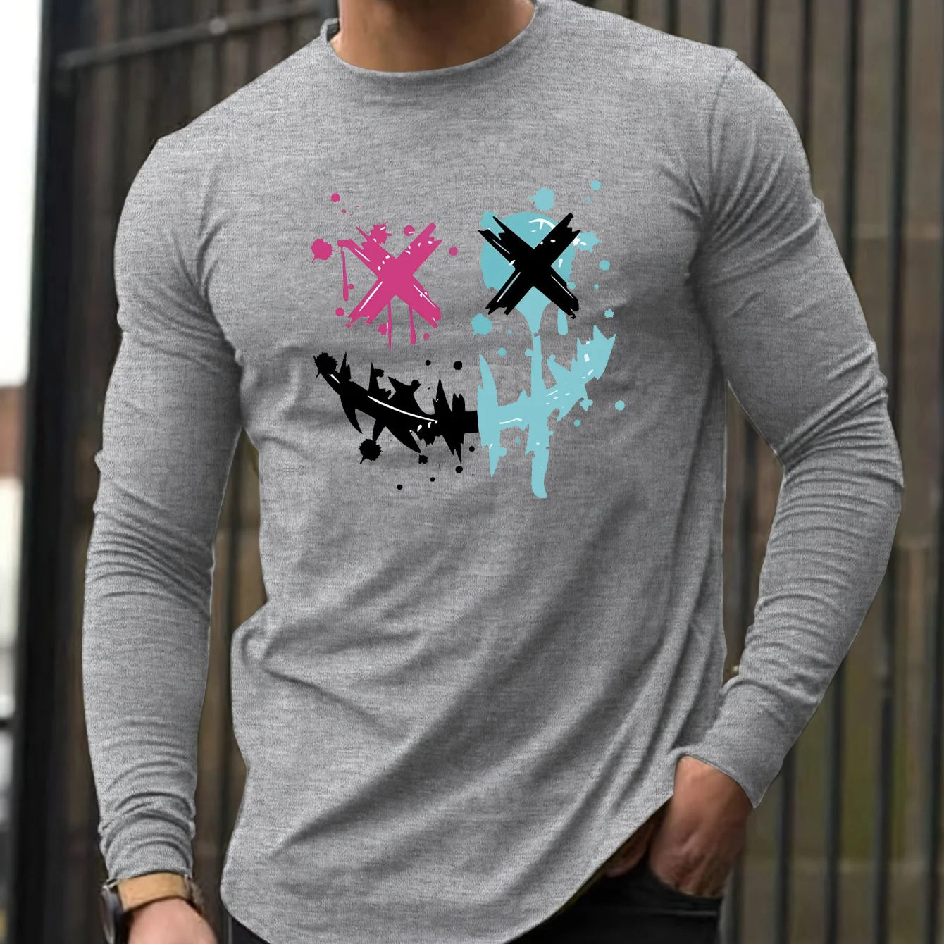 100% pure cotton men's long sleeved round neck loose smiling face pattern printed spring and autumn casual versatile T-shirt top