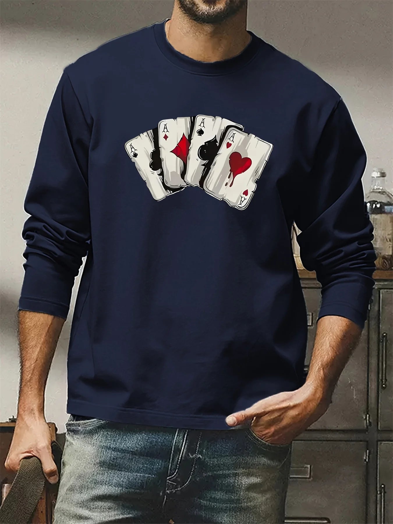 100 cotton men's long sleeved round neck loose poker card pattern printed autumn and winter T-shirt top casual versatile