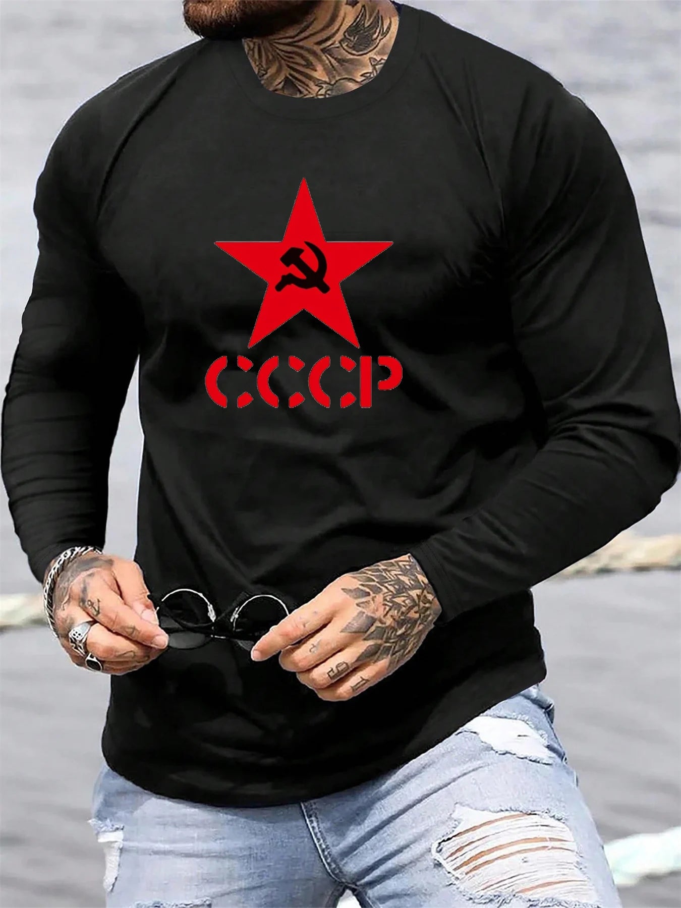 100% cotton men's long sleeved round neck loose fashion letter pattern printed print autumn and winter casual versatile T-shirt