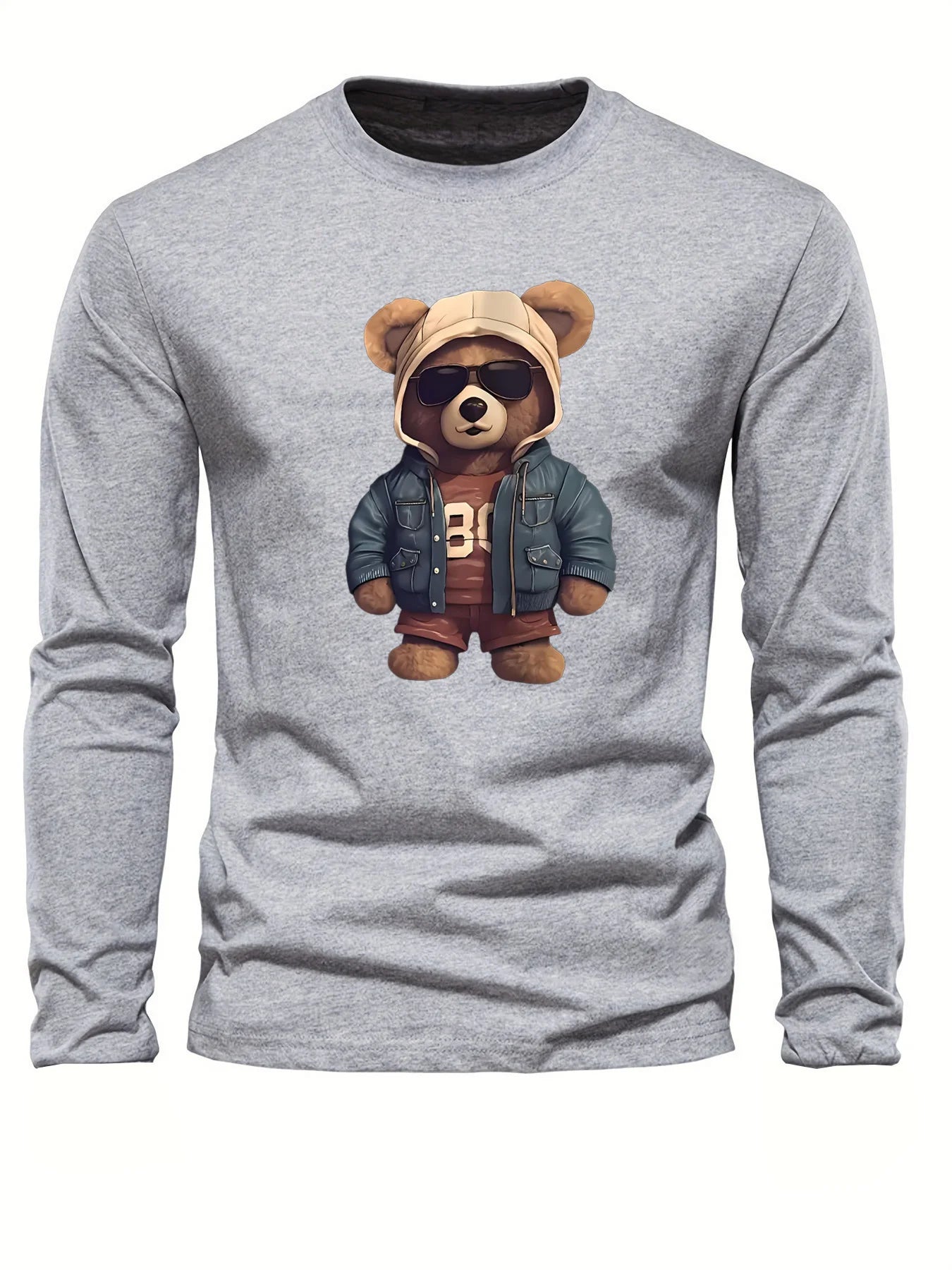 100 cotton men's casual long sleeved round neck loose bear pattern printed autumn and winter T-shirt top versatile