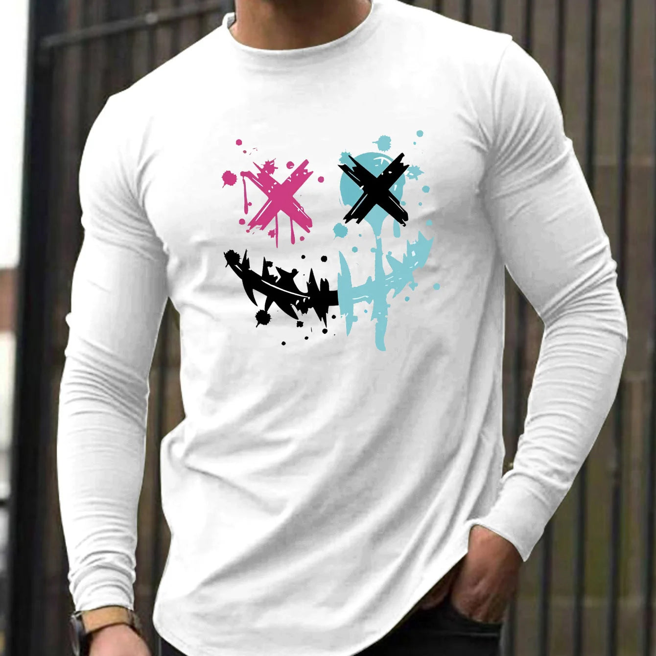 100% pure cotton men's long sleeved round neck loose smiling face pattern printed spring and autumn casual versatile T-shirt top