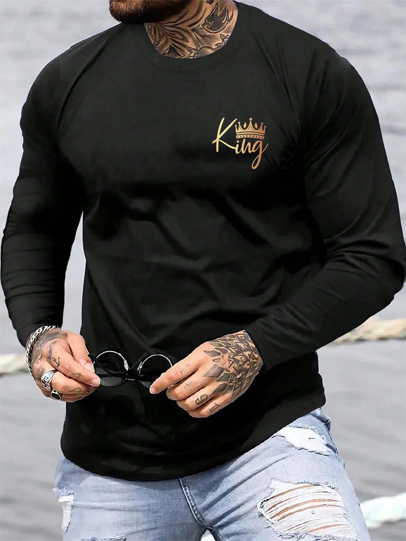 100% pure cotton men's long sleeved round neck loose casual KING letter pattern printed spring and autumn versatile T-shirt top