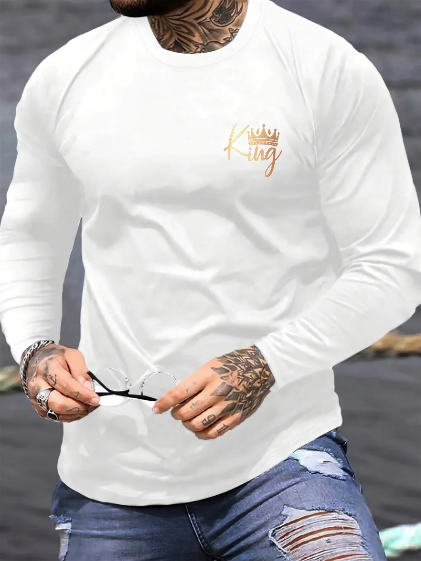 100% pure cotton men's long sleeved round neck loose casual KING letter pattern printed spring and autumn versatile T-shirt top