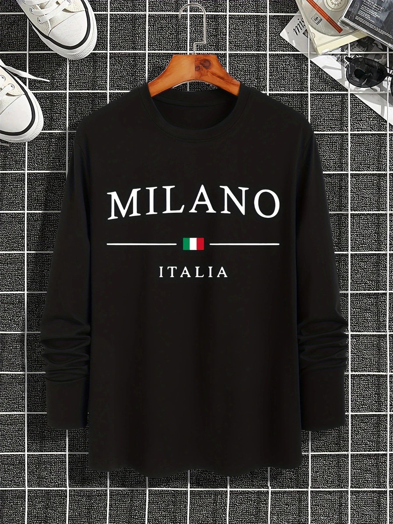 100% pure cotton men's long sleeved round neck loose casual MILANO ITALIA printed spring and autumn versatile T-shirt top