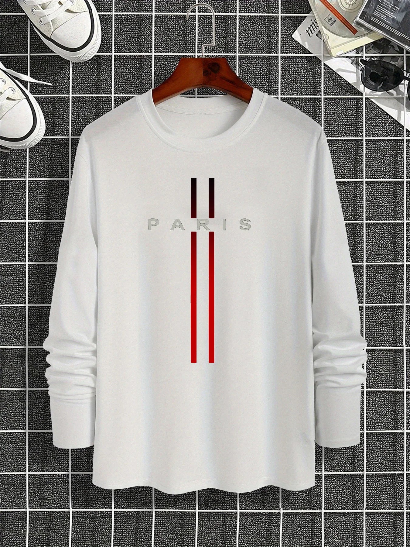 100% pure cotton men's long sleeved round neck loose casual Paris pattern printed spring and autumn versatile T-shirt top