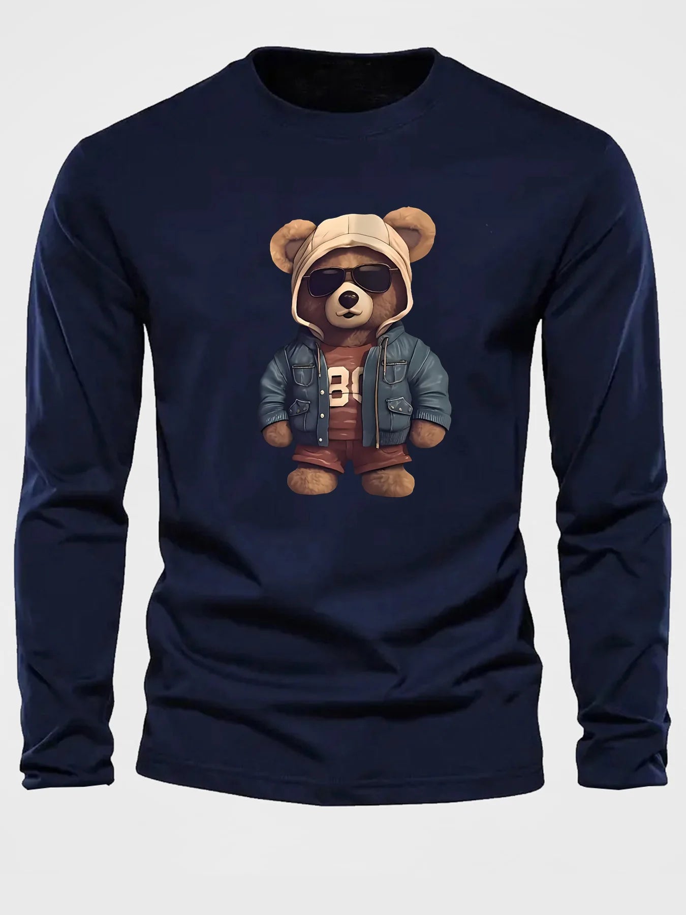 100 cotton men's casual long sleeved round neck loose bear pattern printed autumn and winter T-shirt top versatile