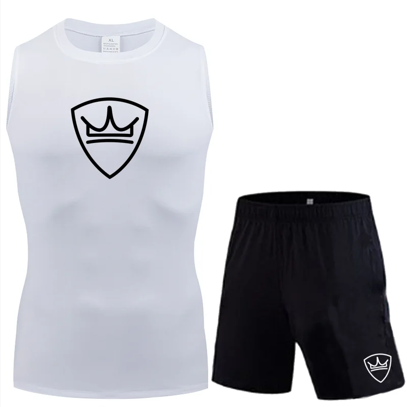 2026 Fashionable Men's Pattern Sleeveless Tight Fitting Sports Suit,Quick Drying Elastic Vest, Gym Running Vest Set, Printed Top