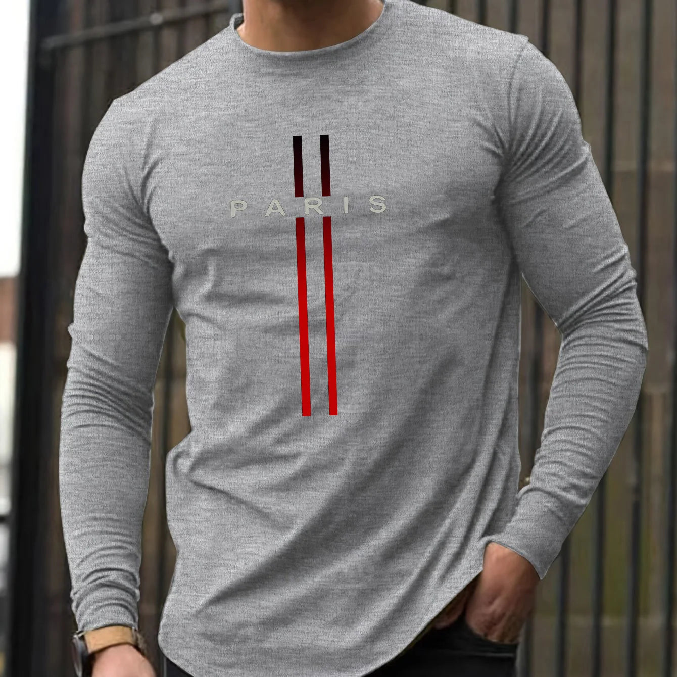 100% pure cotton men's long sleeved round neck loose casual Paris pattern printed spring and autumn versatile T-shirt top