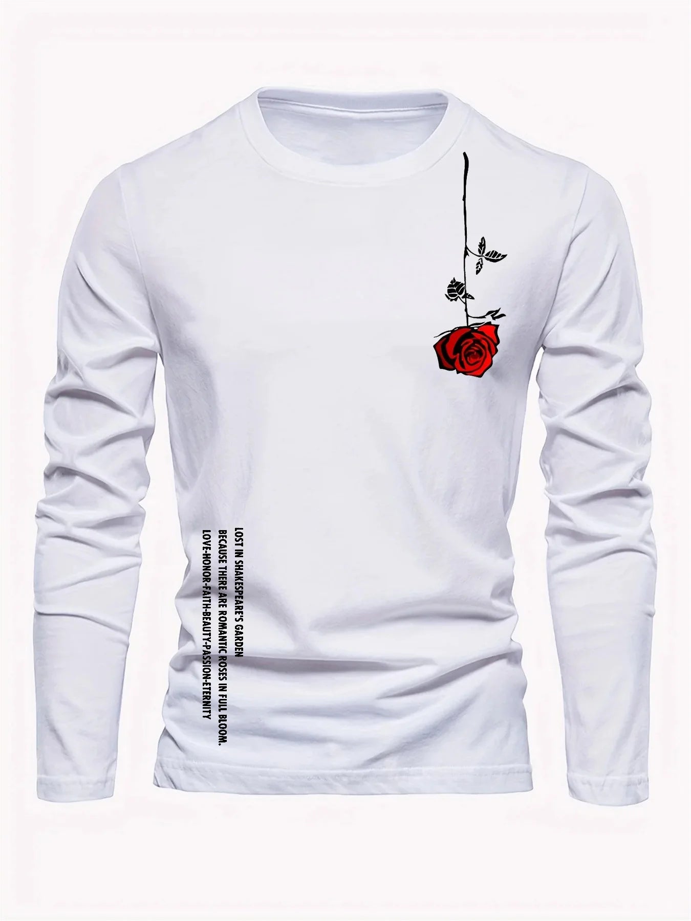 100% pure cotton men's long sleeved round neck loose casual rose letter printed spring and autumn versatile T-shirt top