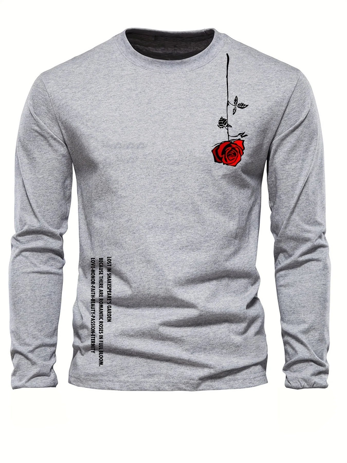 100% pure cotton men's long sleeved round neck loose casual rose letter printed spring and autumn versatile T-shirt top