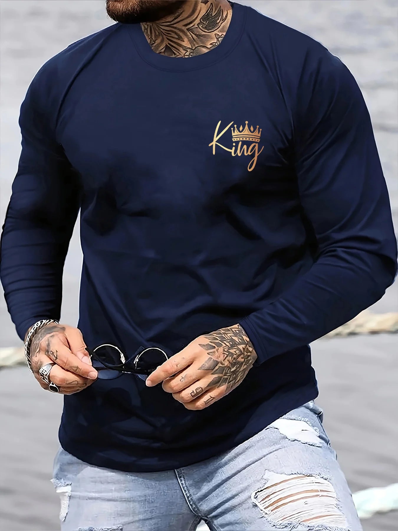 100% pure cotton men's long sleeved round neck loose casual KING letter pattern printed spring and autumn versatile T-shirt top