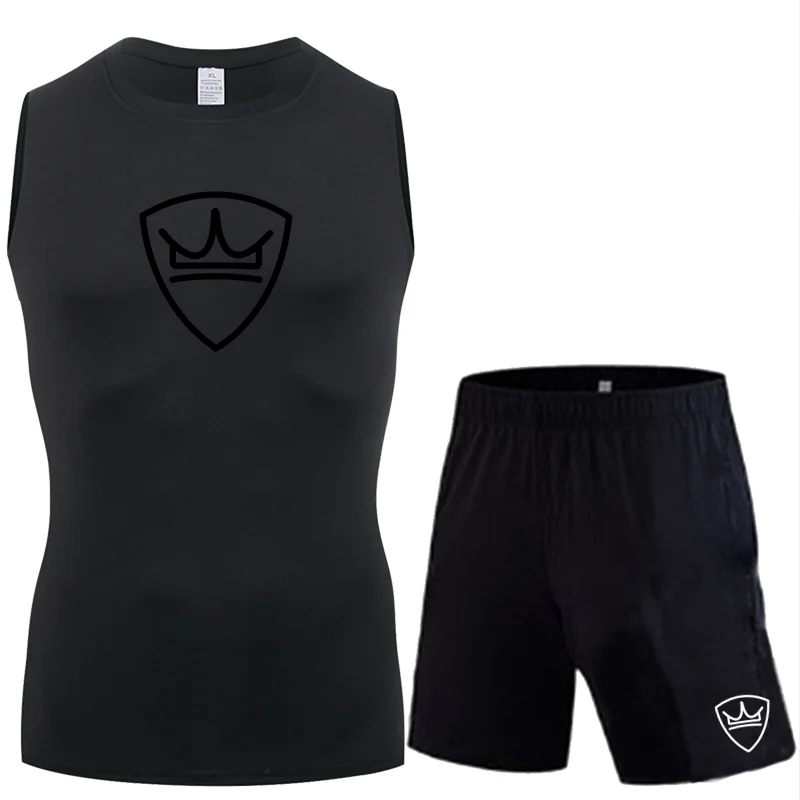 2026 Fashionable Men's Pattern Sleeveless Tight Fitting Sports Suit,Quick Drying Elastic Vest, Gym Running Vest Set, Printed Top