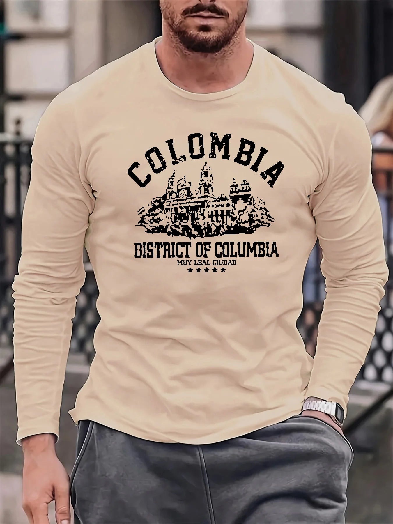 100% cotton men's long sleeved round neck loose Colombian architectural pattern print autumn/winter casual versatile T-shirt top