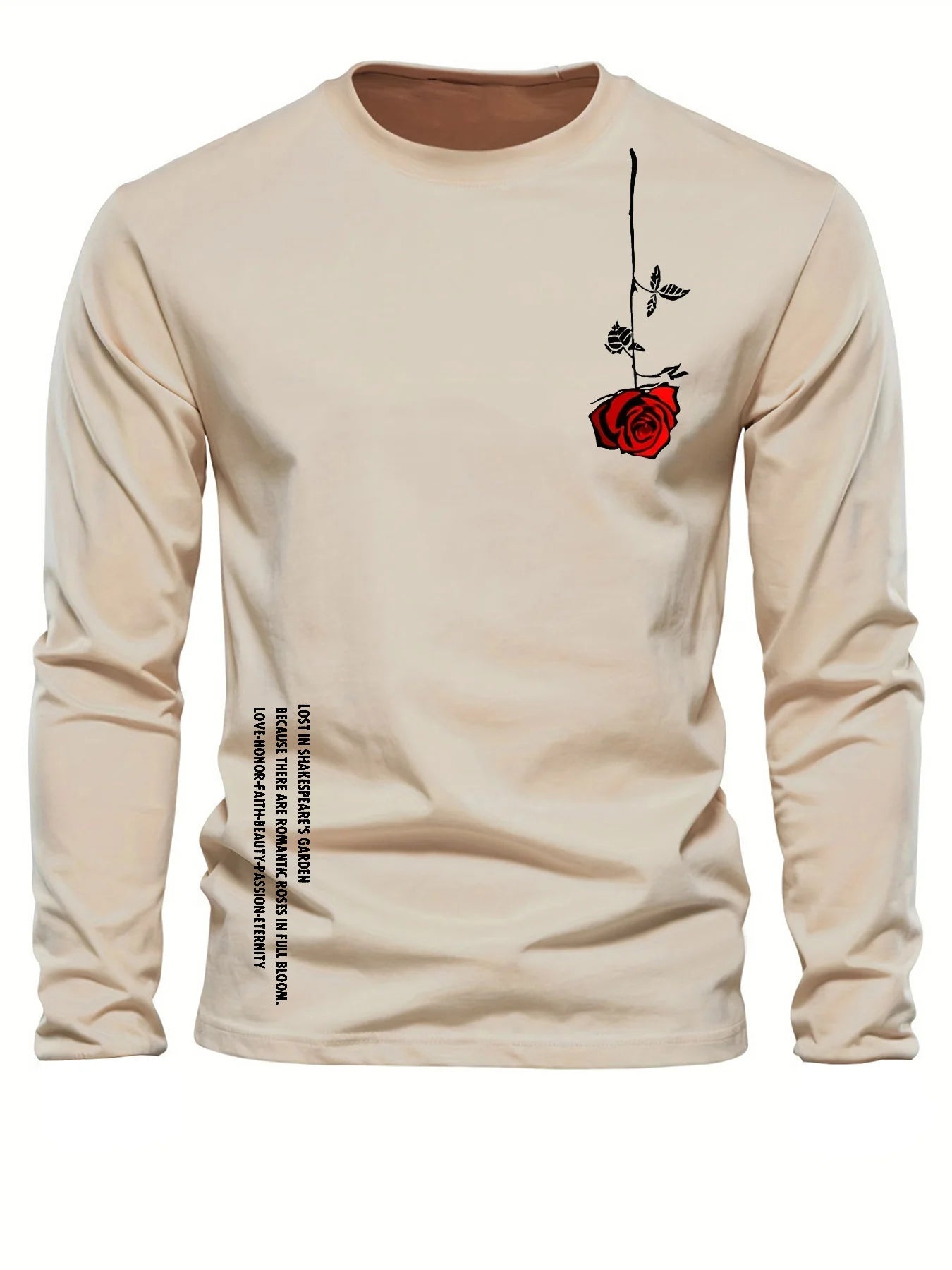 100% pure cotton men's long sleeved round neck loose casual rose letter printed spring and autumn versatile T-shirt top