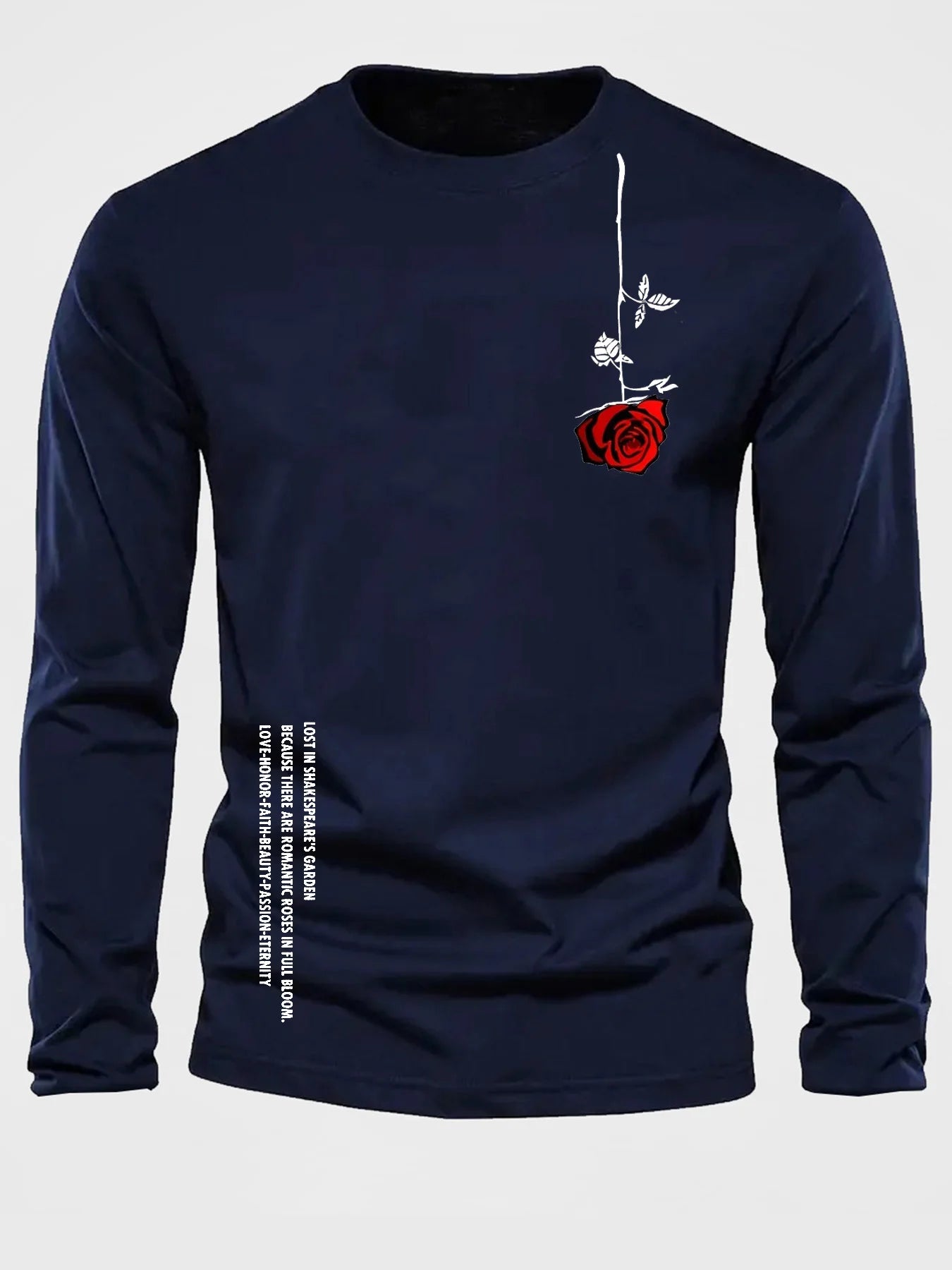 100% pure cotton men's long sleeved round neck loose casual rose letter printed spring and autumn versatile T-shirt top