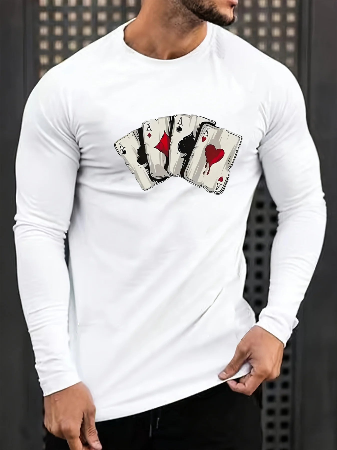 100 cotton men's long sleeved round neck loose poker card pattern printed autumn and winter T-shirt top casual versatile