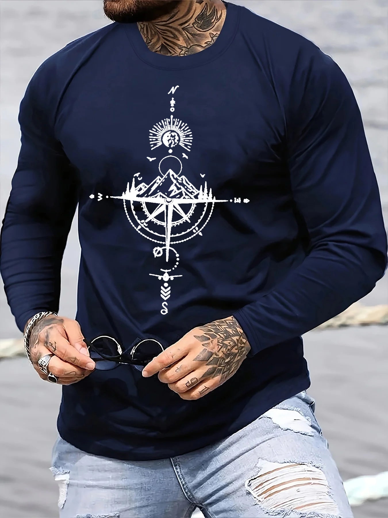 100% pure cotton men's long sleeved round neck loose casual mountain and compass printed spring and autumn versatile T-shirt
