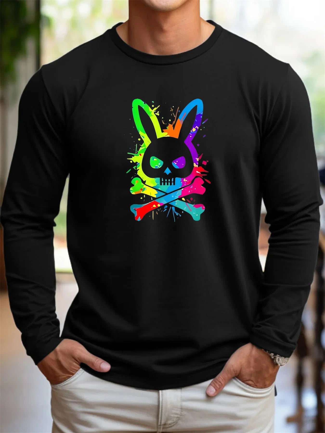 100% pure cotton men's long sleeved round neck loose rabbit skull pattern printed spring and autumn casual versatile T-shirt top