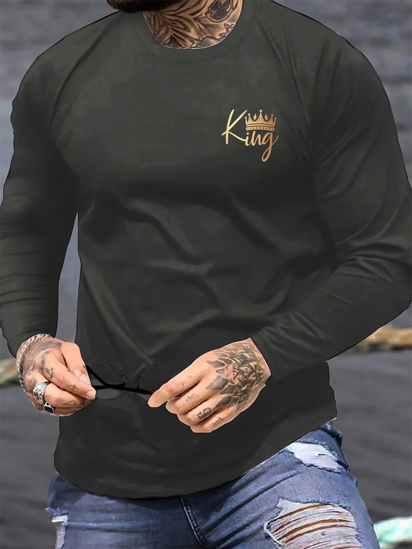 100% pure cotton men's long sleeved round neck loose casual KING letter pattern printed spring and autumn versatile T-shirt top