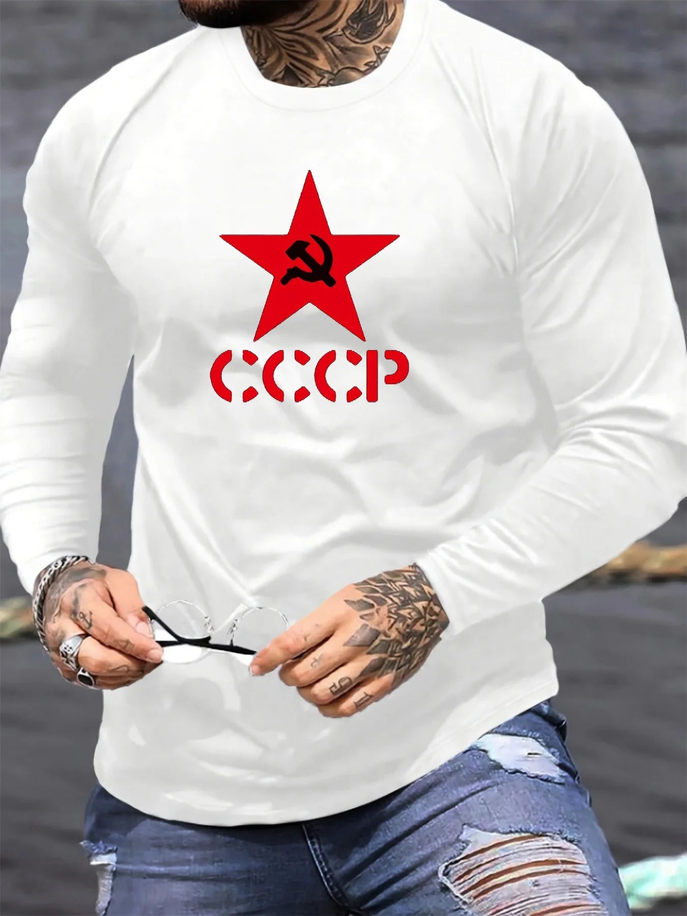 100% cotton men's long sleeved round neck loose fashion letter pattern printed print autumn and winter casual versatile T-shirt