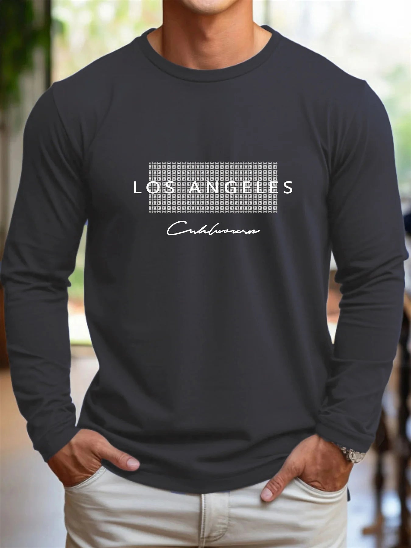 100% pure cotton men's long sleeved round neck loose casual Los Angeles letter printed spring and autumn versatile T-shirt top