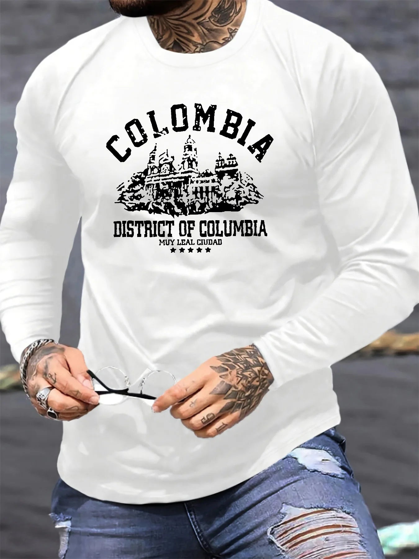 100% cotton men's long sleeved round neck loose Colombian architectural pattern print autumn/winter casual versatile T-shirt top