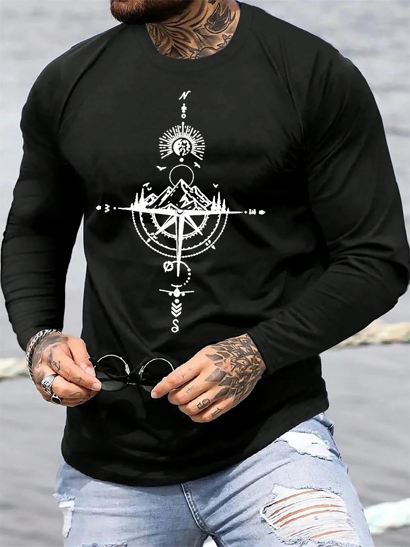100% pure cotton men's long sleeved round neck loose casual mountain and compass printed spring and autumn versatile T-shirt