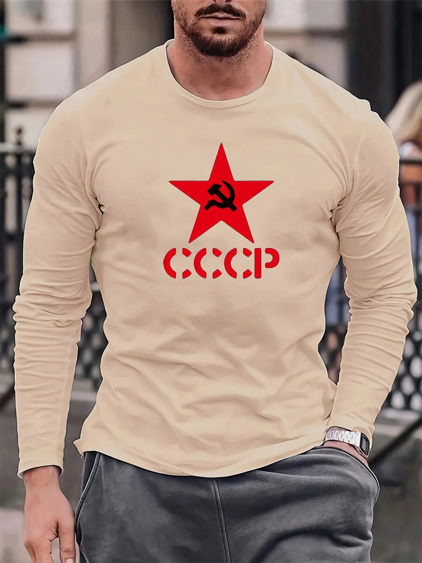 100% cotton men's long sleeved round neck loose fashion letter pattern printed print autumn and winter casual versatile T-shirt